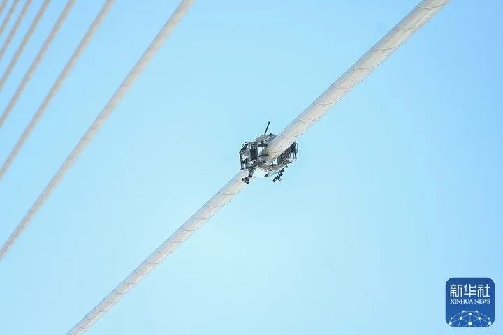 福州使用爬索機器人對（duì）平潭海峽公鐵跨海大橋斜拉索外觀進行觀測檢查